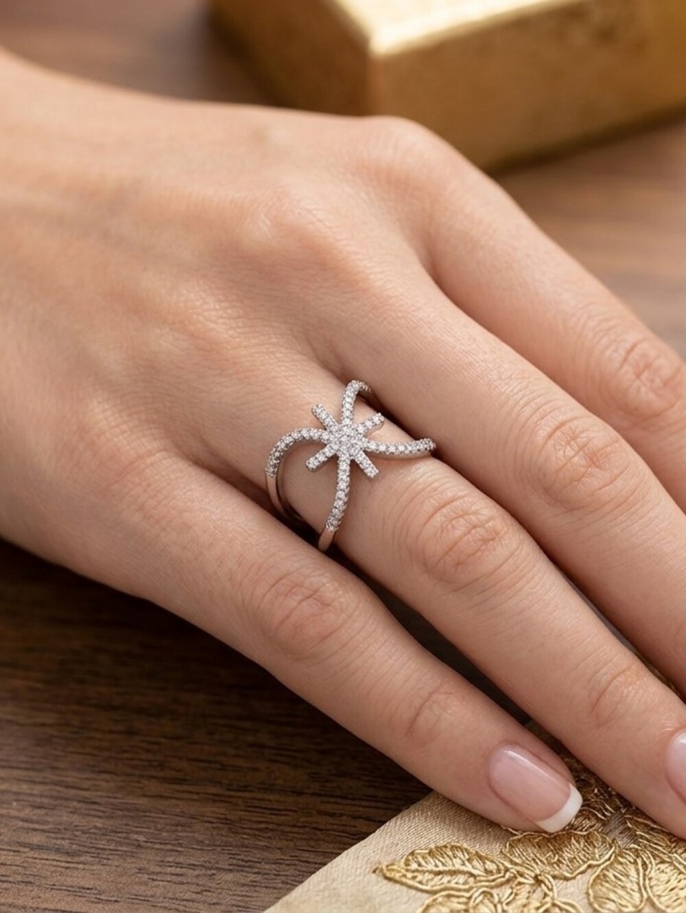 Silver Tone Starburst‎ Pavé Ring - Silver